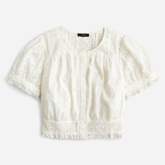 J. CREW White Button-Front Eyelet Cropped Top 100% Cotton SZ XS - Picture 2 of 6